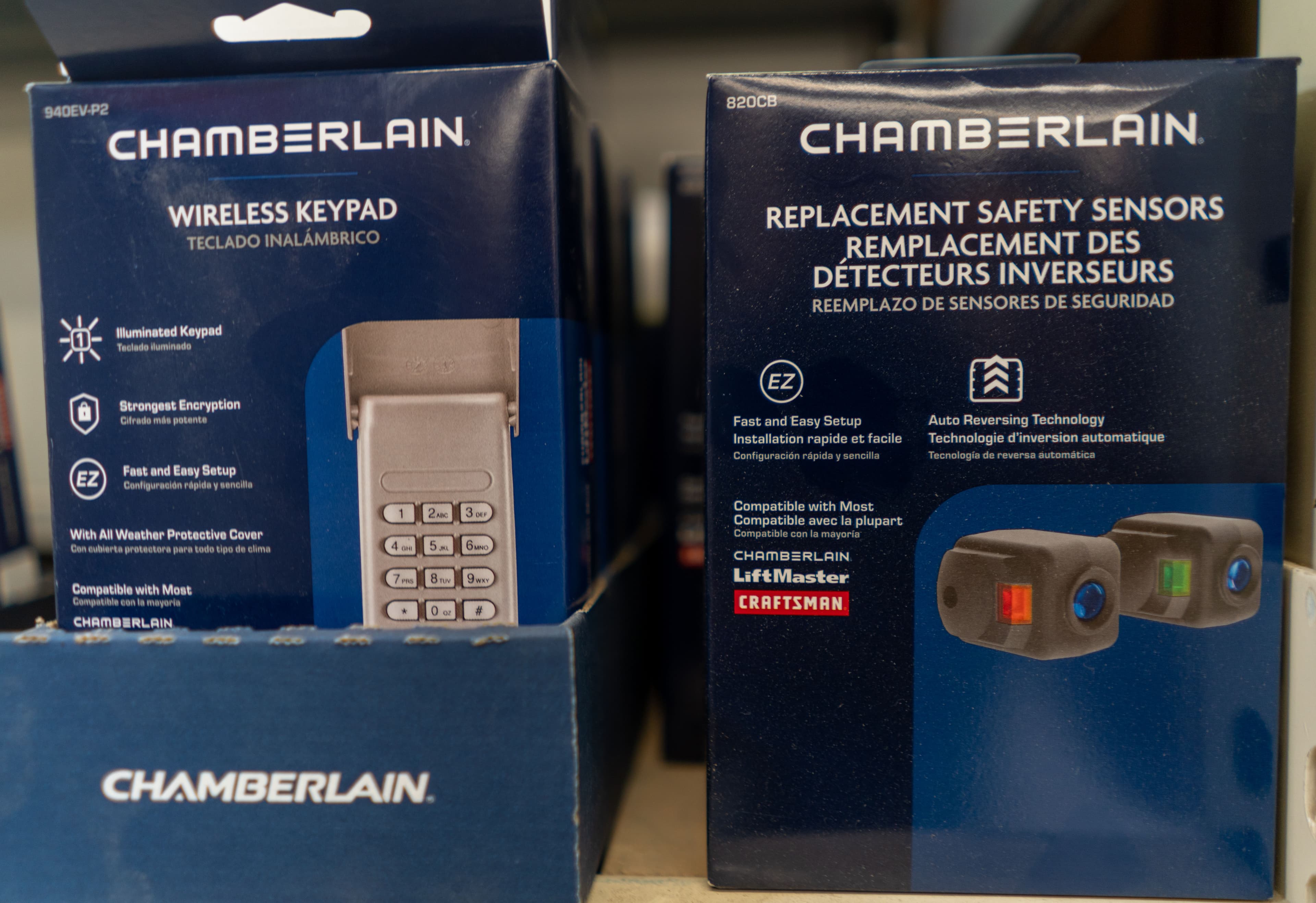 Chamberlain wireless keypad and replacement safety sensors for garage door openers.